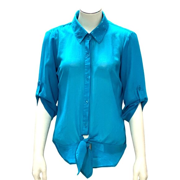 CCC Turquoise Tie Front Cutout Back Blouse Medium Statementwear Sheer Urban Chic - Picture 2 of 9